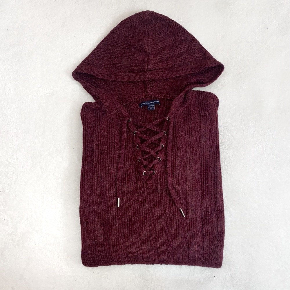 American Eagle Maroon Knit Sweater with Hood